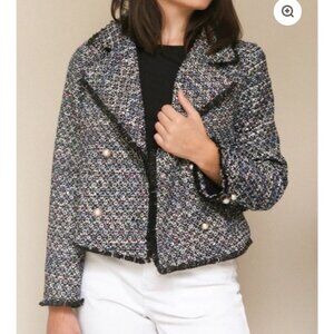 Cupcakes And Cashmere Dixie‎ Tweed Blazer Fringe Pearl Button Preppy Jacket